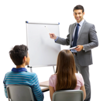 Male teacher in a formal suit explaining concepts to students using a flip chart in a modern learning environment png
