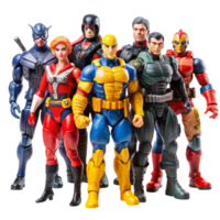 Set of detailed action figures featuring bold designs and vibrant colors, ideal for creative storytelling and display png