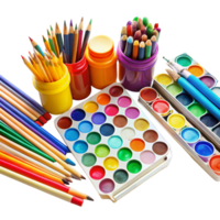 Creative art materials featuring watercolor sets, paintbrushes, and colorful pencils arranged aesthetically png