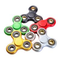 Assorted colorful fidget spinners in metallic finishes displayed in a dynamic arrangement on a Transparent Background png
