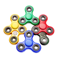 Group of trendy fidget spinners in multiple colors and textures, perfect for stress relief and play on white png