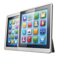 Collection of digital tablets featuring vibrant user interfaces with educational and utility applications on white png