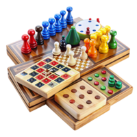 Vibrant collection of colorful board games with unique pieces and strategies on a Transparent Background png