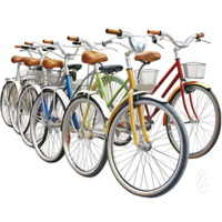 Colorful collection of retro bicycles arranged in a row on a Transparent Background with reflection for modern design png