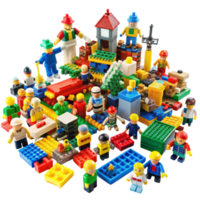 Playful arrangement of LEGO blocks and characters highlighting teamwork, creativity, and fun against a Transparent Background png