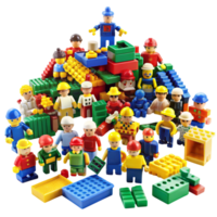 LEGO toy set featuring mini figures, vehicles, and buildings arranged in a dynamic and imaginative display png