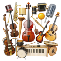 Assortment of classical and modern musical instruments arranged in a studio setting on a clean white surface png