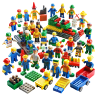 Assorted LEGO pieces with vibrant structures and figures, showcasing creativity and fun in a studio environment png