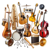 Diverse collection of musical instruments including strings, percussion, and wind displayed on a Transparent Background png