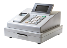 Compact cash register machine featuring a display screen and keypad, ideal for retail and payment processing concepts png