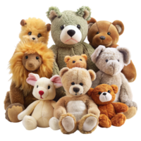 Collection of soft and colorful stuffed animals featuring teddy bears and other plush characters in a studio setting png