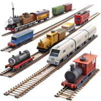 Variety of model trains on parallel tracks with diverse locomotive styles and designs on a Transparent Background png