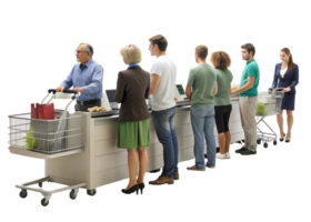 Grocery store checkout line with diverse customers and shopping carts, isolated on Transparent Background, retail concept png