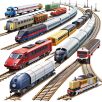 Vibrant display of model trains with diverse designs and layouts presented on railway tracks against a clean backdrop png