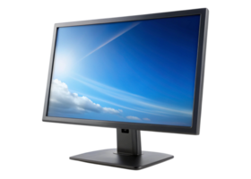 Sleek desktop monitor featuring a colorful display of a sunny blue sky and fluffy clouds on a clean white surface png