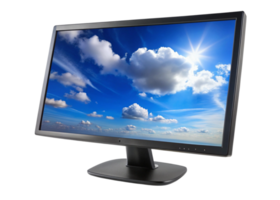 Desktop monitor with vibrant screen displaying a bright blue sky with fluffy clouds, isolated on a Transparent Background png