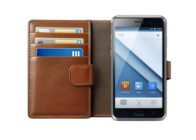 Digital wallet with smartphone displaying interface and cards in a sleek leather case, Transparent Background setup png
