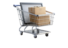 Shopping cart with boxes on a laptop, representing online shopping and express checkout on a Transparent Background png