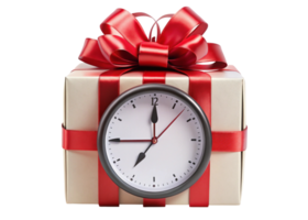 Conceptual image of a wrapped gift with a clock, highlighting time management, special occasions, and thoughtfulness png