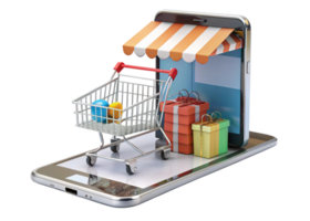 Digital shopping experience illustrated with a phone as a storefront, complete with products, carts, and packages png
