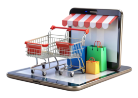 Innovative depiction of e commerce with a smartphone transforming into a virtual store and shopping tools png