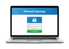 Secure online payment system interface visible on a laptop, emphasizing transaction safety and convenience png