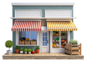 Traditional storefront with colorful awning and fresh produce, representing a classic neighborhood grocery shop png