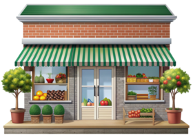 Front view of a local store with striped awning, showcasing fruits, vegetables, and plants in a traditional setup png