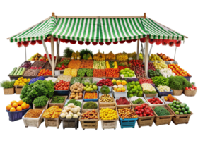 Traditional farmers market setup featuring an array of colorful fresh produce displayed in baskets and crates png