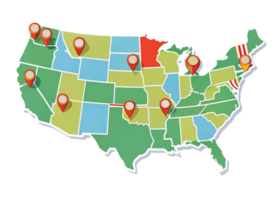 Flat design map showing retail locations and navigation pins with bright colors and a clean modern style png