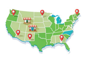 Digital store location map with pinpoint markers and vibrant shop icons in a creative layout for business representation png