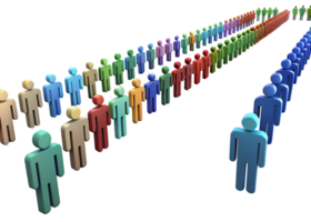 Long orderly lines of colorful humanoid figures forming a digital queue concept in a high tech environment png