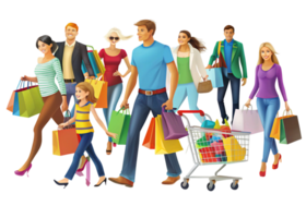 Illustration of enthusiastic shoppers with a mix of shopping bags, creating a dynamic shopping experience scene png