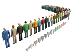 Futuristic illustration of a virtual queue concept featuring colorful characters and minimalistic design elements png
