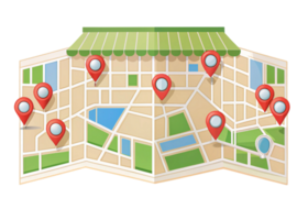 Illustrated map with red location markers and colorful storefronts representing a local shopping area on a Transparent Background png