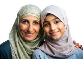 Smiling Muslim mother and daughter in hijabs sharing a joyful, close bond on a Transparent Background png