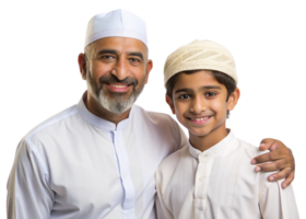 Smiling Muslim father and son in traditional attire, symbolizing love, connection, and family values on a Transparent Background png