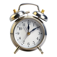 Classic silver alarm clock with twin bells on Transparent Background, representing time management, punctuality, and morning routines png