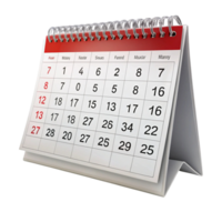Close up of a tabletop calendar with red header and organized date boxes, isolated on white for business planning and scheduling concepts png