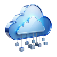 3D blue cloud storage icon representing digital data storage, networking, and cloud computing on Transparent Background png