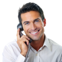 Smiling professional talking on the phone, representing customer service, communication, and business interaction concepts png