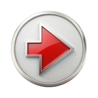 Red arrow button icon with forward direction, glossy 3D style for multimedia or navigation on Transparent Background png