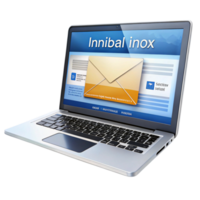 Laptop showing email inbox with organized messages and colorful envelope icons on a Transparent Background png