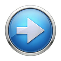 Glossy blue forward arrow icon with round metallic edge, ideal for multimedia, UI, or navigation on white png