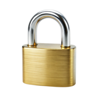 Close up of golden padlock with steel shackle, representing security, access control, and privacy png