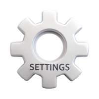 Modern white gear icon with Settings text on a Transparent Background, ideal for technology and configuration concepts png