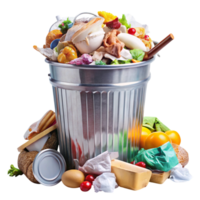 Full garbage can with diverse trash items like food scraps, paper, and bottles, highlighting waste and pollution concepts png