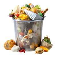Overflowing trash can with food waste, plastic, and paper items, representing wastefulness and recycling challenges png