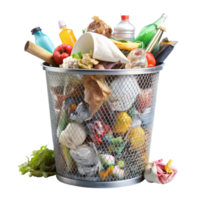 Close up of a trash bin brimming with waste materials, symbolizing garbage management and environmental impact png