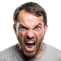 Furious man screaming with anger, isolated on Transparent Background, displaying rage and frustration in an intense expression png